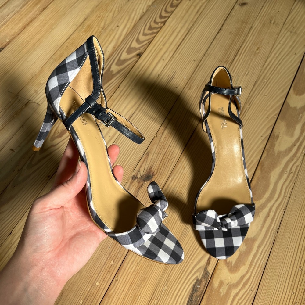 Michael Kors Stiletto Sandals Womens 9.5 Navy White Gingham Bow Ankle Strap